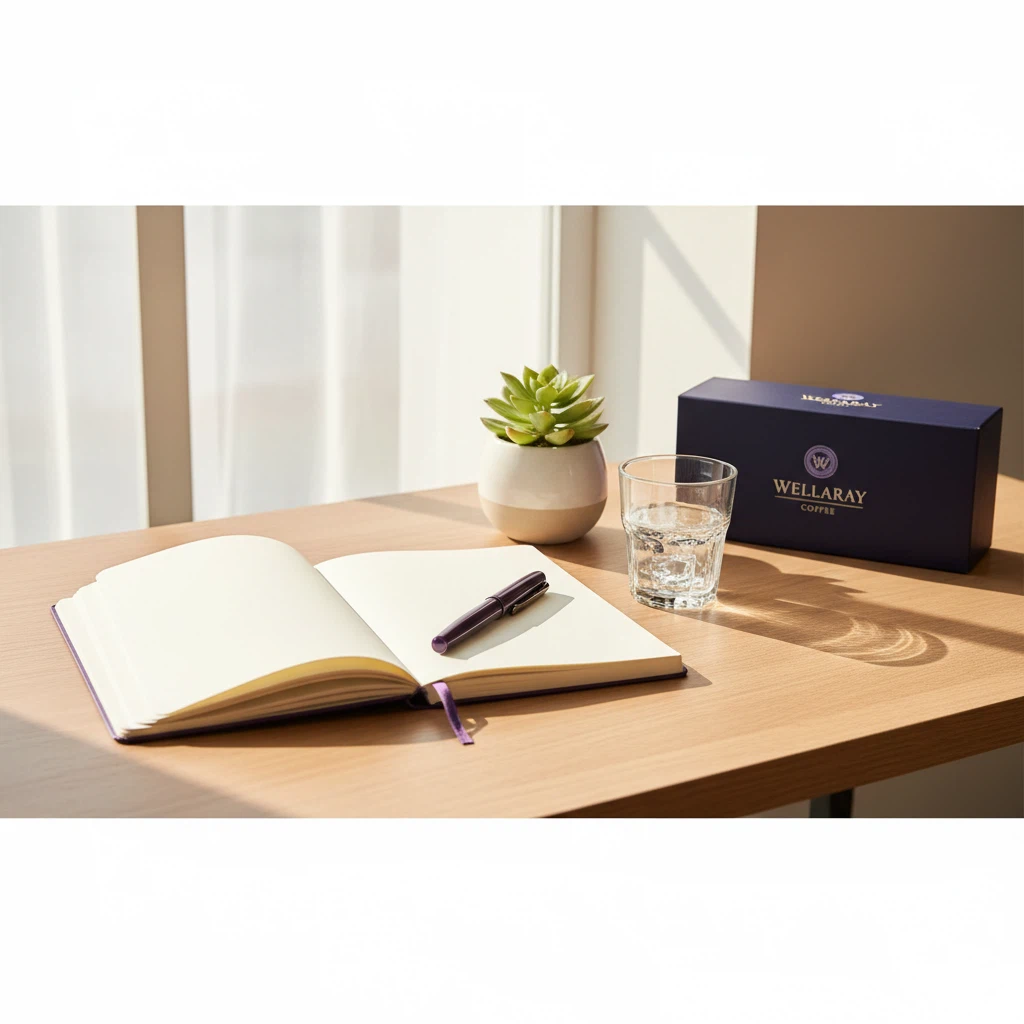 Editorial desk with open notebook, pen and Wellaray Coffee box - Hillcrest Wellness team