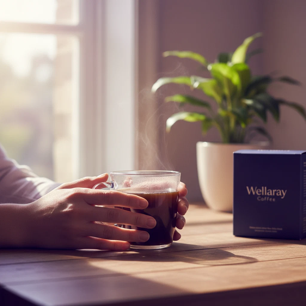 Hands holding a mug of Wellaray Coffee on a wooden morning table